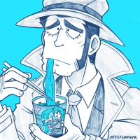 Zenigata eating Hatsune Miku blue colored ramen, disappointedly.