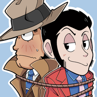 A sticker design featuring Zenigata and Lupin tangled together by Zenigata's rope cuff.