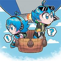 An illustration of UTAU Aiko and Mikoto Studio Aiko in a hot air balloon for the Studio VOXYZ site.